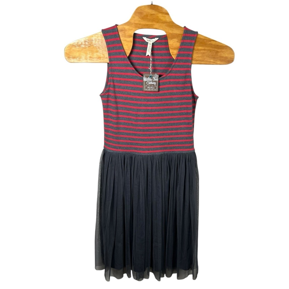 NEW Matilda Jane Womens Large Red Gray Striped Tulle Skirt Fit To Flare Dress‎